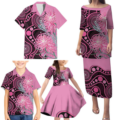 Australia Grevillea Family Matching Puletasi and Hawaiian Shirt Aussie Native Spider Flower Indigenous Art