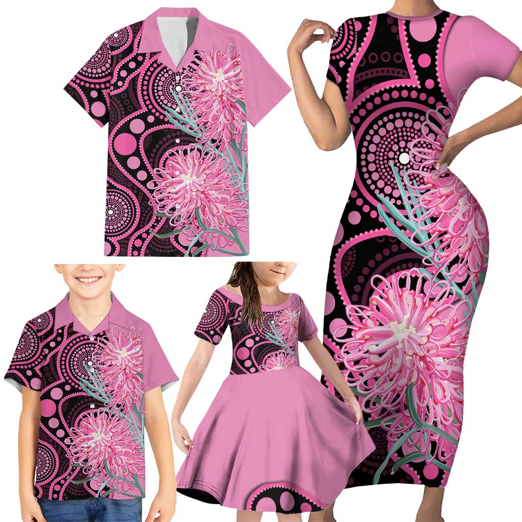Australia Grevillea Family Matching Short Sleeve Bodycon Dress and Hawaiian Shirt Aussie Native Spider Flower Indigenous Art
