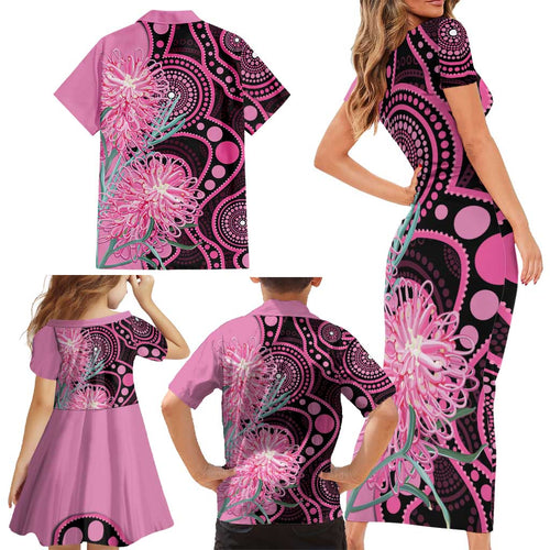 Australia Grevillea Family Matching Short Sleeve Bodycon Dress and Hawaiian Shirt Aussie Native Spider Flower Indigenous Art
