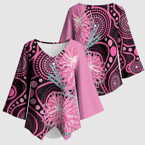Australia Grevillea Kimono Sleeve Blouse Aussie Native Spider Flower Indigenous Art