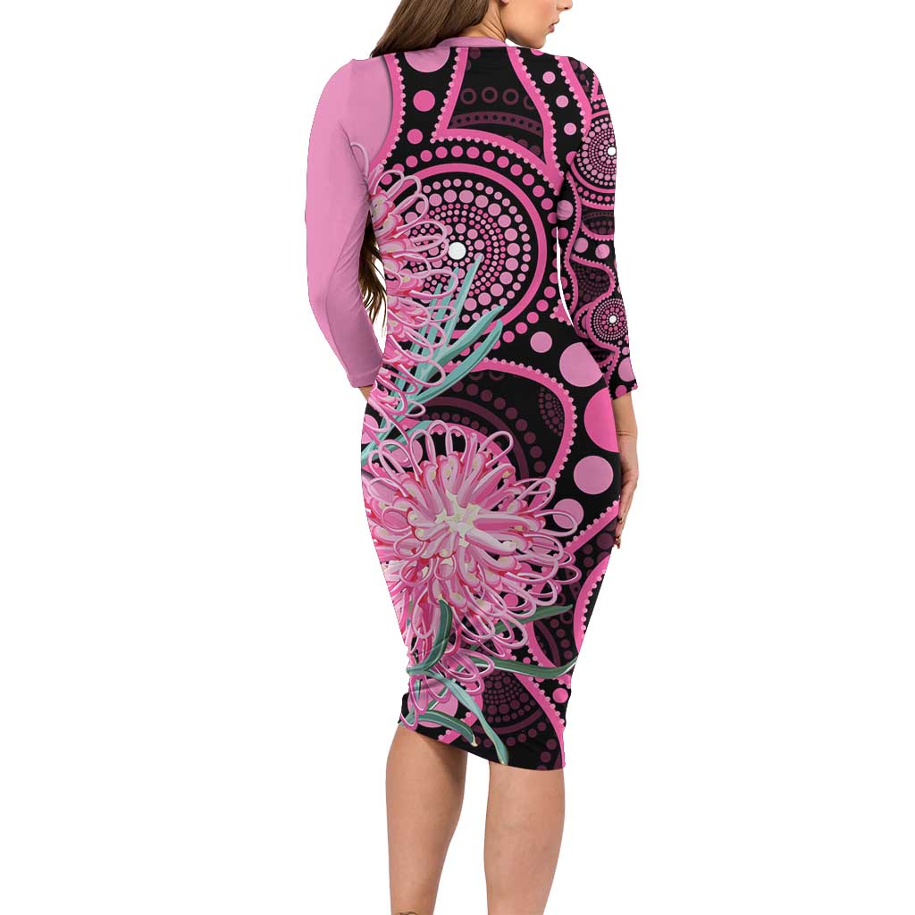 Australia Grevillea Long Sleeve Bodycon Dress Aussie Native Spider Flower Indigenous Art