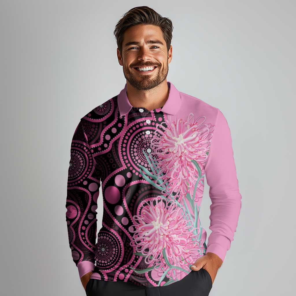 Australia Grevillea Long Sleeve Polo Shirt Aussie Native Spider Flower Indigenous Art