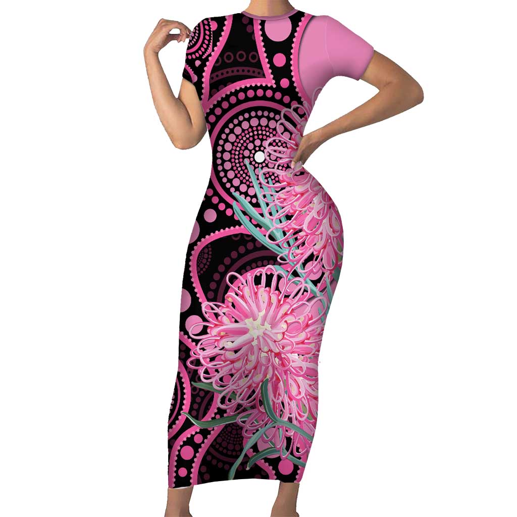 Australia Grevillea Short Sleeve Bodycon Dress Aussie Native Spider Flower Indigenous Art
