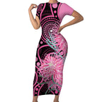 Australia Grevillea Short Sleeve Bodycon Dress Aussie Native Spider Flower Indigenous Art