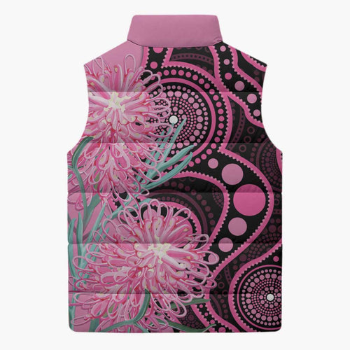 Australia Grevillea Sleeveless Puffer Jacket Aussie Native Spider Flower Indigenous Art