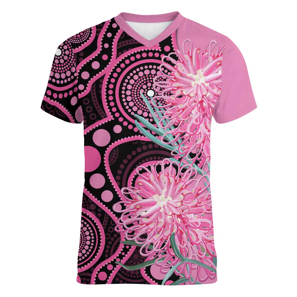 Australia Grevillea Women V-Neck T-Shirt Aussie Native Spider Flower Indigenous Art