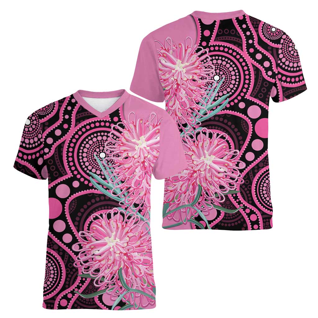 Australia Grevillea Women V-Neck T-Shirt Aussie Native Spider Flower Indigenous Art
