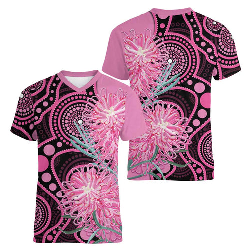 Australia Grevillea Women V-Neck T-Shirt Aussie Native Spider Flower Indigenous Art