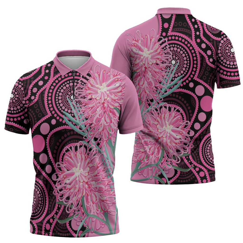 Australia Grevillea Zipper Polo Shirt Aussie Native Spider Flower Indigenous Art