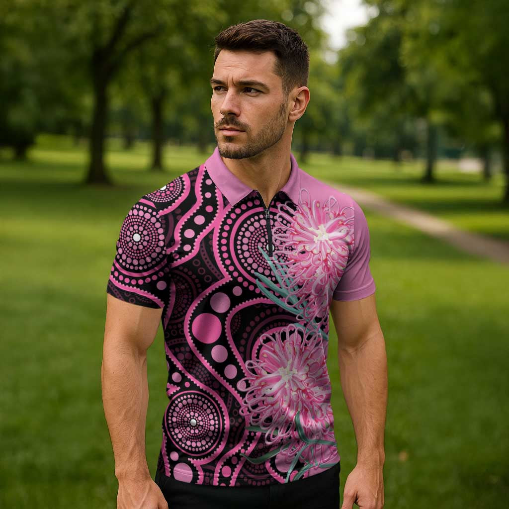 Australia Grevillea Zipper Polo Shirt Aussie Native Spider Flower Indigenous Art