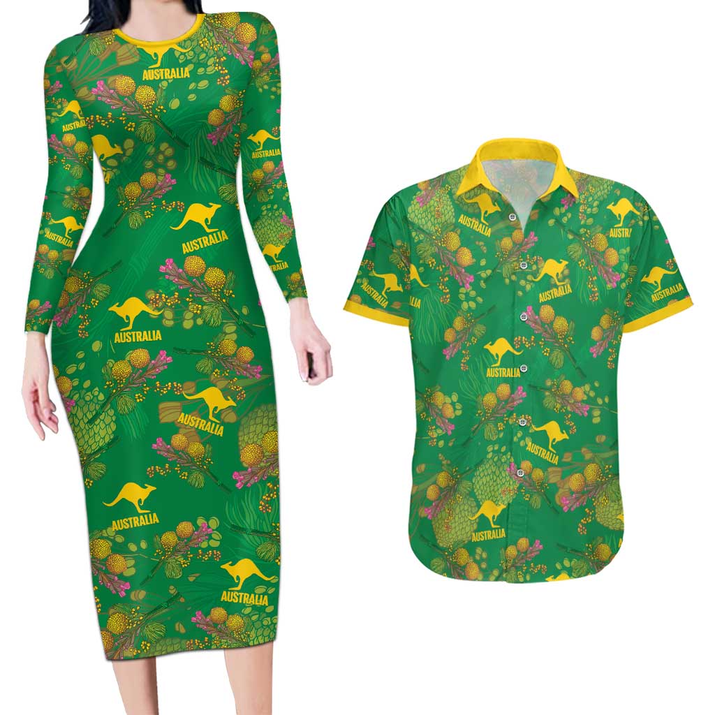 Australia Billy Buttons Couples Matching Long Sleeve Bodycon Dress and Hawaiian Shirt Aussie Pycnosorus Kangaroo Seamless Style