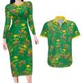 Australia Billy Buttons Couples Matching Long Sleeve Bodycon Dress and Hawaiian Shirt Aussie Pycnosorus Kangaroo Seamless Style
