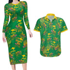 Australia Billy Buttons Couples Matching Long Sleeve Bodycon Dress and Hawaiian Shirt Aussie Pycnosorus Kangaroo Seamless Style