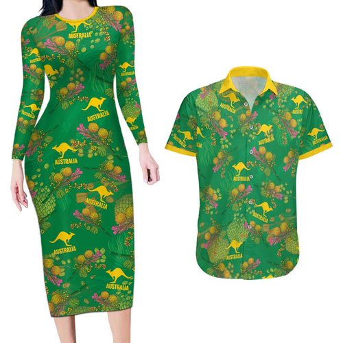 Australia Billy Buttons Couples Matching Long Sleeve Bodycon Dress and Hawaiian Shirt Aussie Pycnosorus Kangaroo Seamless Style