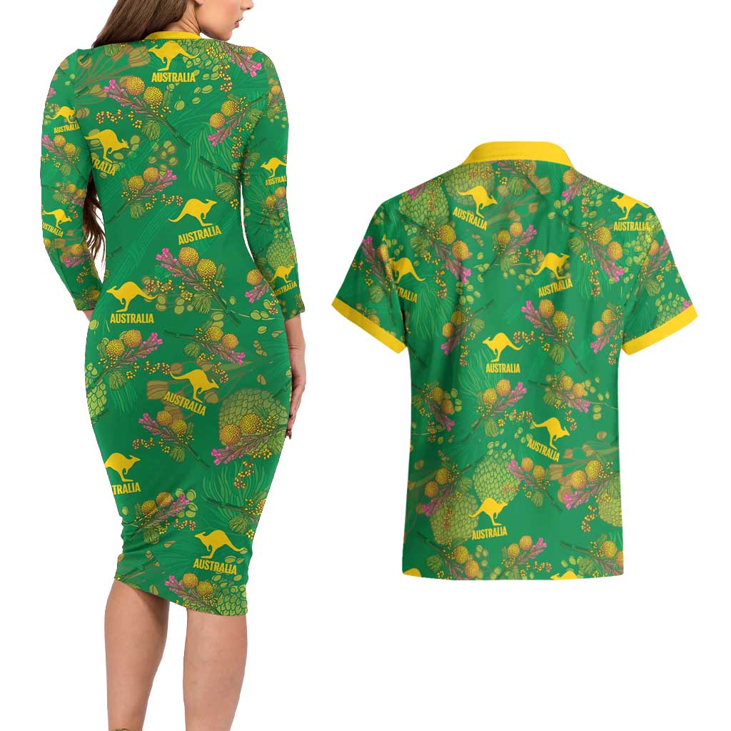 Australia Billy Buttons Couples Matching Long Sleeve Bodycon Dress and Hawaiian Shirt Aussie Pycnosorus Kangaroo Seamless Style