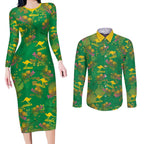 Australia Billy Buttons Couples Matching Long Sleeve Bodycon Dress and Long Sleeve Button Shirt Aussie Pycnosorus Kangaroo Seamless Style