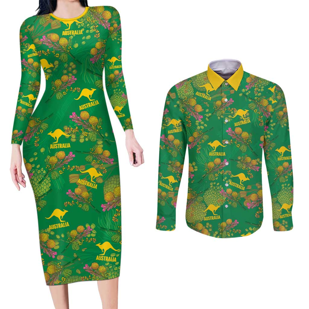 Australia Billy Buttons Couples Matching Long Sleeve Bodycon Dress and Long Sleeve Button Shirt Aussie Pycnosorus Kangaroo Seamless Style