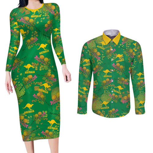 Australia Billy Buttons Couples Matching Long Sleeve Bodycon Dress and Long Sleeve Button Shirt Aussie Pycnosorus Kangaroo Seamless Style