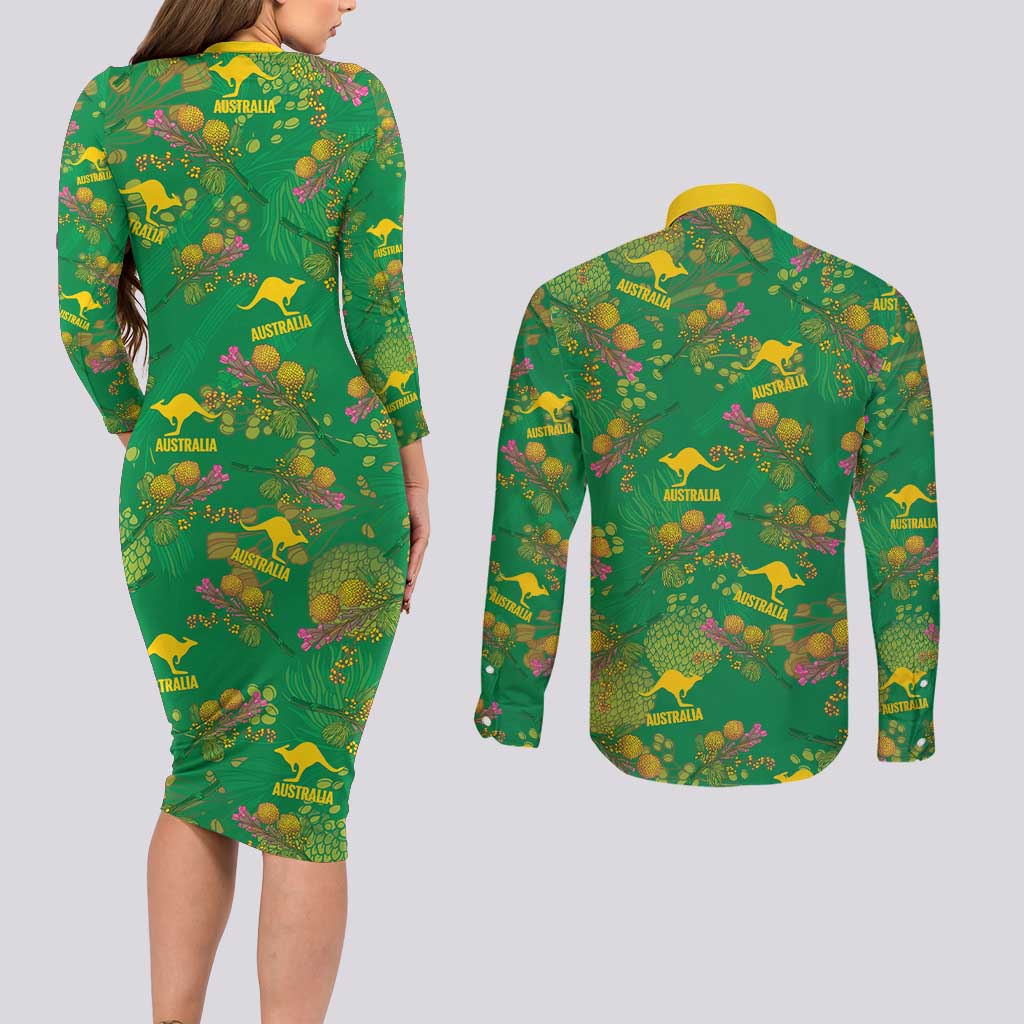 Australia Billy Buttons Couples Matching Long Sleeve Bodycon Dress and Long Sleeve Button Shirt Aussie Pycnosorus Kangaroo Seamless Style