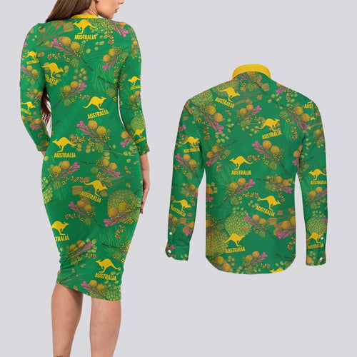 Australia Billy Buttons Couples Matching Long Sleeve Bodycon Dress and Long Sleeve Button Shirt Aussie Pycnosorus Kangaroo Seamless Style