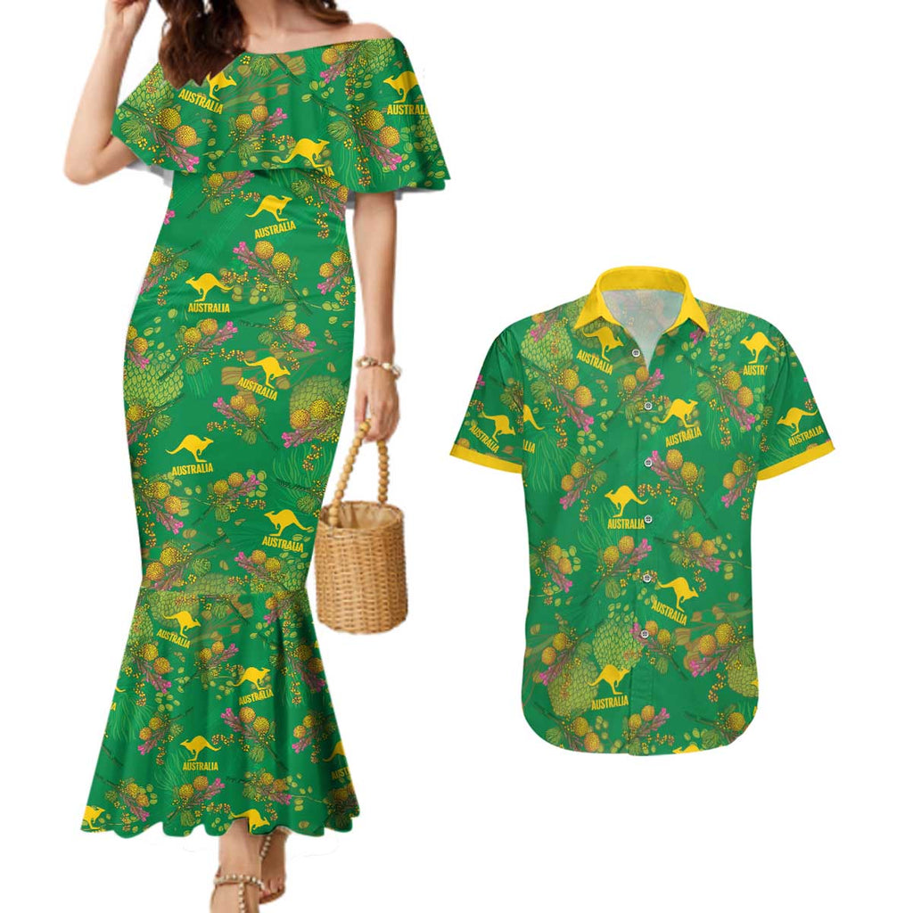 Australia Billy Buttons Couples Matching Mermaid Dress and Hawaiian Shirt Aussie Pycnosorus Kangaroo Seamless Style