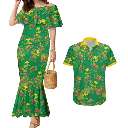 Australia Billy Buttons Couples Matching Mermaid Dress and Hawaiian Shirt Aussie Pycnosorus Kangaroo Seamless Style
