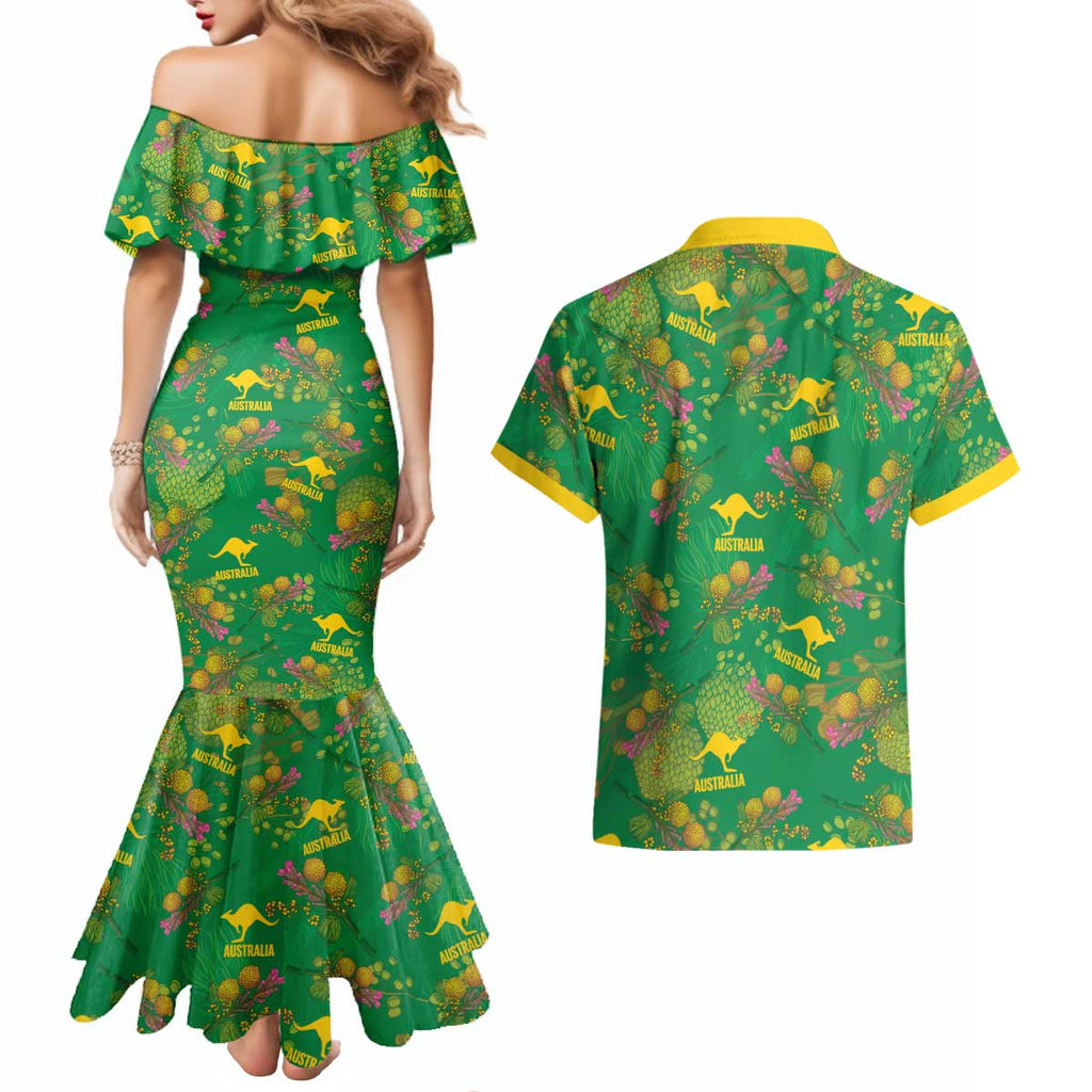 Australia Billy Buttons Couples Matching Mermaid Dress and Hawaiian Shirt Aussie Pycnosorus Kangaroo Seamless Style
