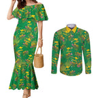 Australia Billy Buttons Couples Matching Mermaid Dress and Long Sleeve Button Shirt Aussie Pycnosorus Kangaroo Seamless Style