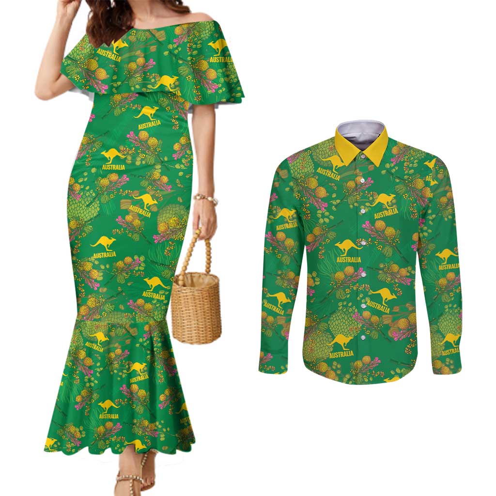 Australia Billy Buttons Couples Matching Mermaid Dress and Long Sleeve Button Shirt Aussie Pycnosorus Kangaroo Seamless Style