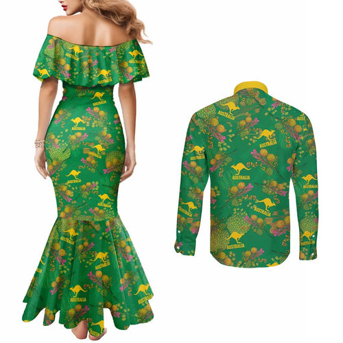 Australia Billy Buttons Couples Matching Mermaid Dress and Long Sleeve Button Shirt Aussie Pycnosorus Kangaroo Seamless Style