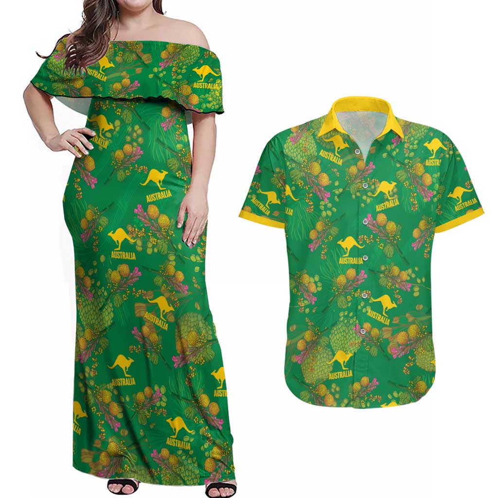 Australia Billy Buttons Couples Matching Off Shoulder Maxi Dress and Hawaiian Shirt Aussie Pycnosorus Kangaroo Seamless Style