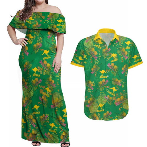 Australia Billy Buttons Couples Matching Off Shoulder Maxi Dress and Hawaiian Shirt Aussie Pycnosorus Kangaroo Seamless Style