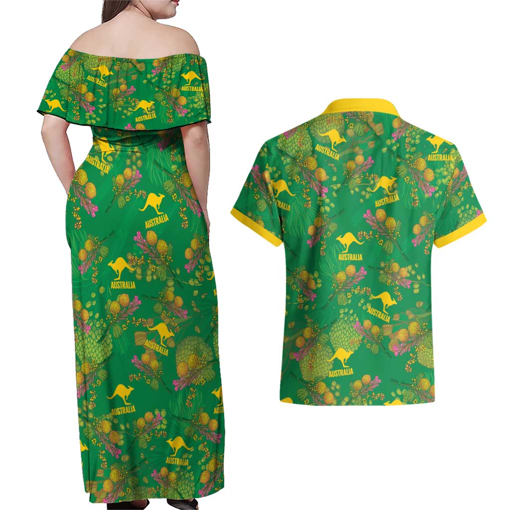 Australia Billy Buttons Couples Matching Off Shoulder Maxi Dress and Hawaiian Shirt Aussie Pycnosorus Kangaroo Seamless Style