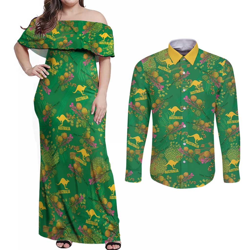 Australia Billy Buttons Couples Matching Off Shoulder Maxi Dress and Long Sleeve Button Shirt Aussie Pycnosorus Kangaroo Seamless Style