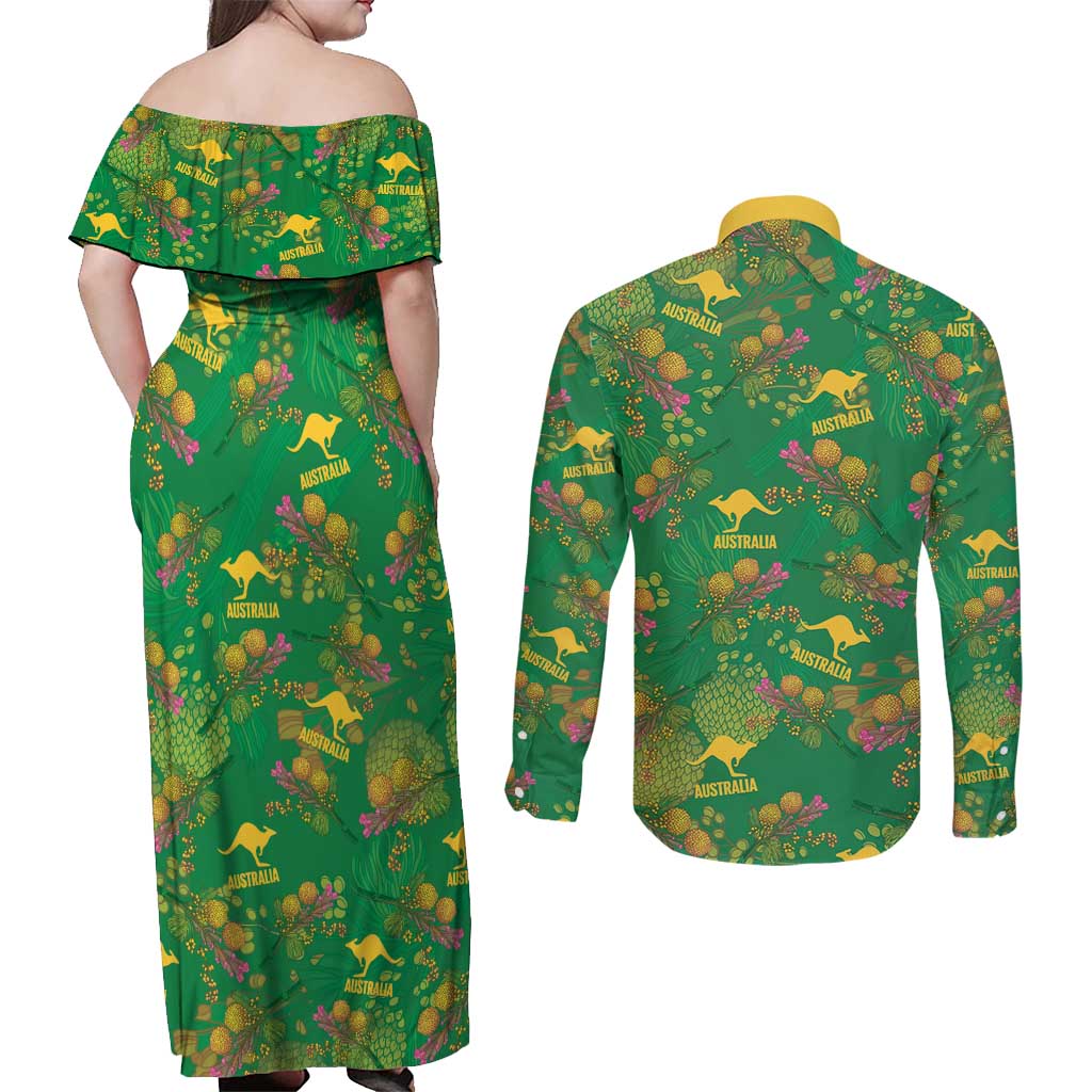 Australia Billy Buttons Couples Matching Off Shoulder Maxi Dress and Long Sleeve Button Shirt Aussie Pycnosorus Kangaroo Seamless Style