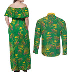 Australia Billy Buttons Couples Matching Off Shoulder Maxi Dress and Long Sleeve Button Shirt Aussie Pycnosorus Kangaroo Seamless Style