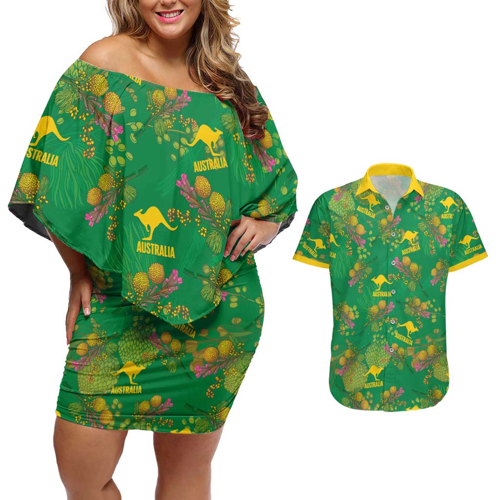 Australia Billy Buttons Couples Matching Off Shoulder Short Dress and Hawaiian Shirt Aussie Pycnosorus Kangaroo Seamless Style