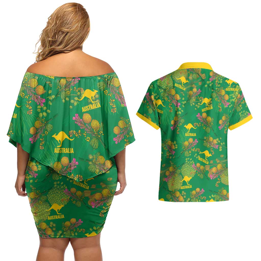 Australia Billy Buttons Couples Matching Off Shoulder Short Dress and Hawaiian Shirt Aussie Pycnosorus Kangaroo Seamless Style