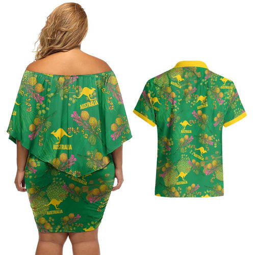 Australia Billy Buttons Couples Matching Off Shoulder Short Dress and Hawaiian Shirt Aussie Pycnosorus Kangaroo Seamless Style