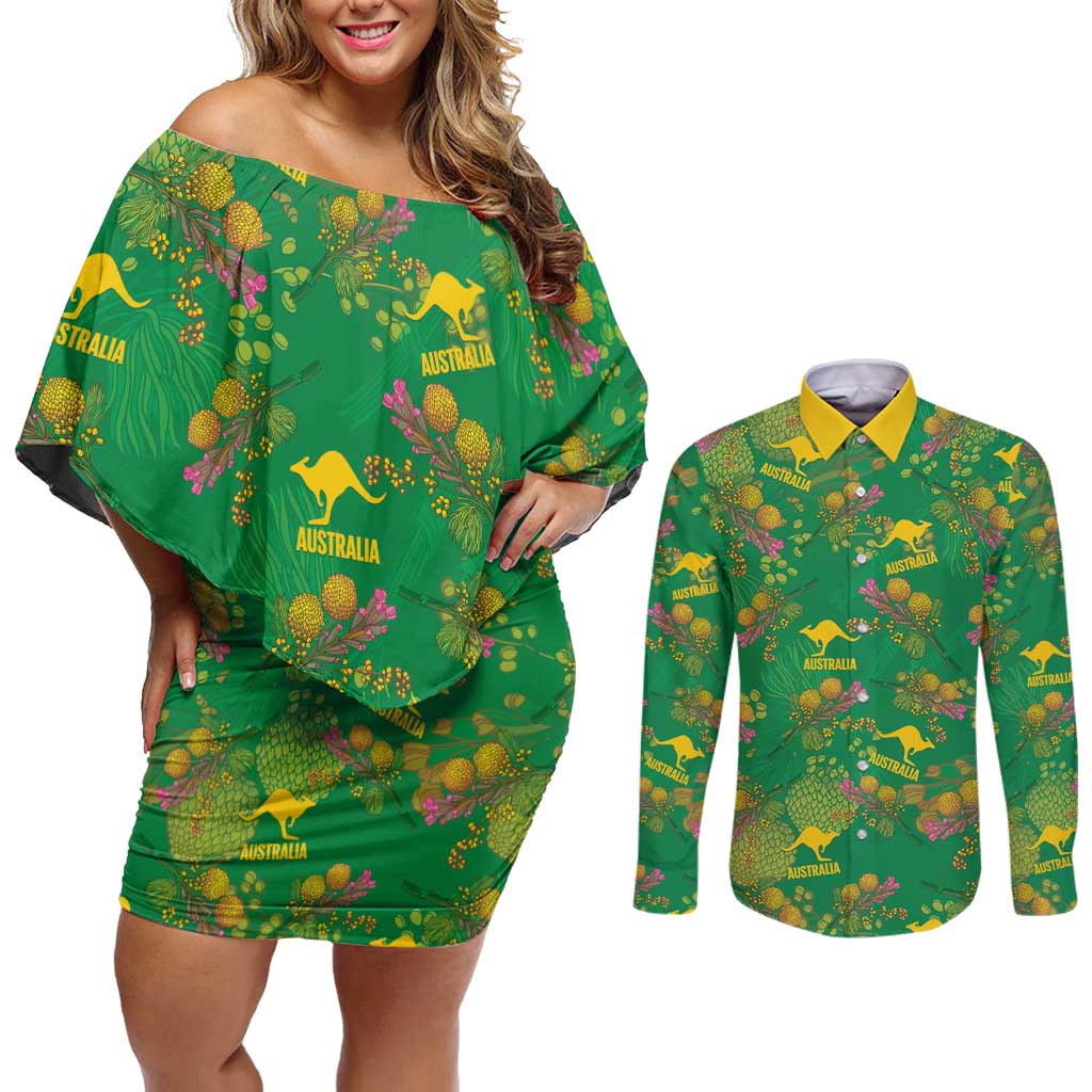 Australia Billy Buttons Couples Matching Off Shoulder Short Dress and Long Sleeve Button Shirt Aussie Pycnosorus Kangaroo Seamless Style