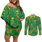 Australia Billy Buttons Couples Matching Off Shoulder Short Dress and Long Sleeve Button Shirt Aussie Pycnosorus Kangaroo Seamless Style
