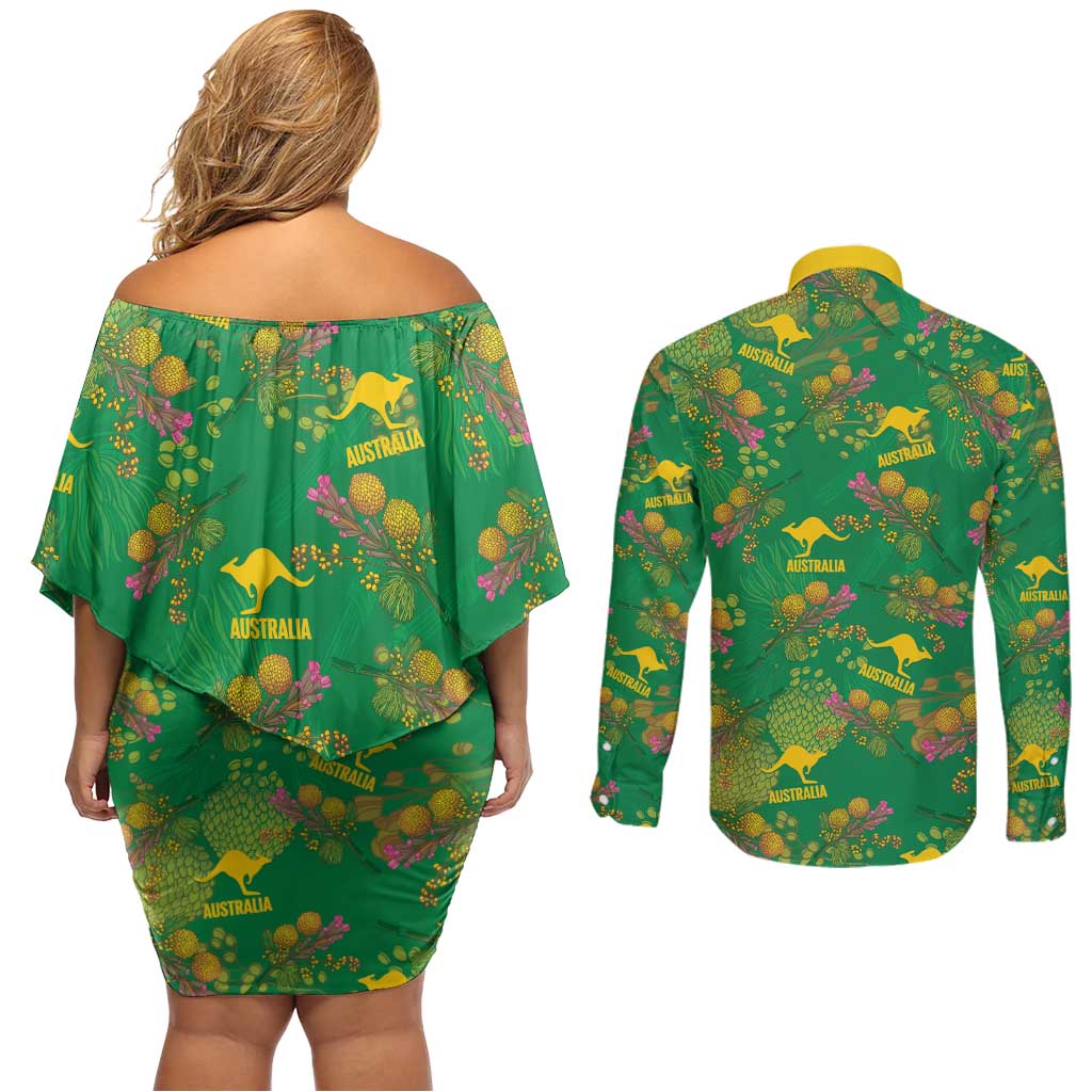 Australia Billy Buttons Couples Matching Off Shoulder Short Dress and Long Sleeve Button Shirt Aussie Pycnosorus Kangaroo Seamless Style