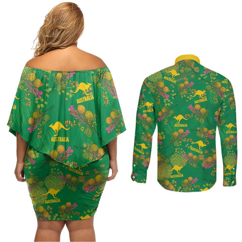Australia Billy Buttons Couples Matching Off Shoulder Short Dress and Long Sleeve Button Shirt Aussie Pycnosorus Kangaroo Seamless Style