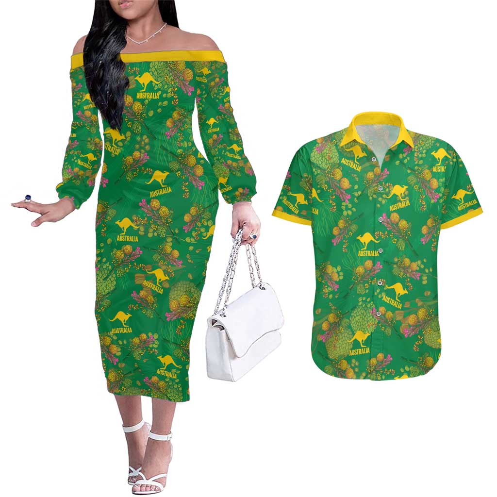 Australia Billy Buttons Couples Matching Off The Shoulder Long Sleeve Dress and Hawaiian Shirt Aussie Pycnosorus Kangaroo Seamless Style
