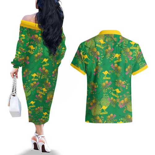 Australia Billy Buttons Couples Matching Off The Shoulder Long Sleeve Dress and Hawaiian Shirt Aussie Pycnosorus Kangaroo Seamless Style