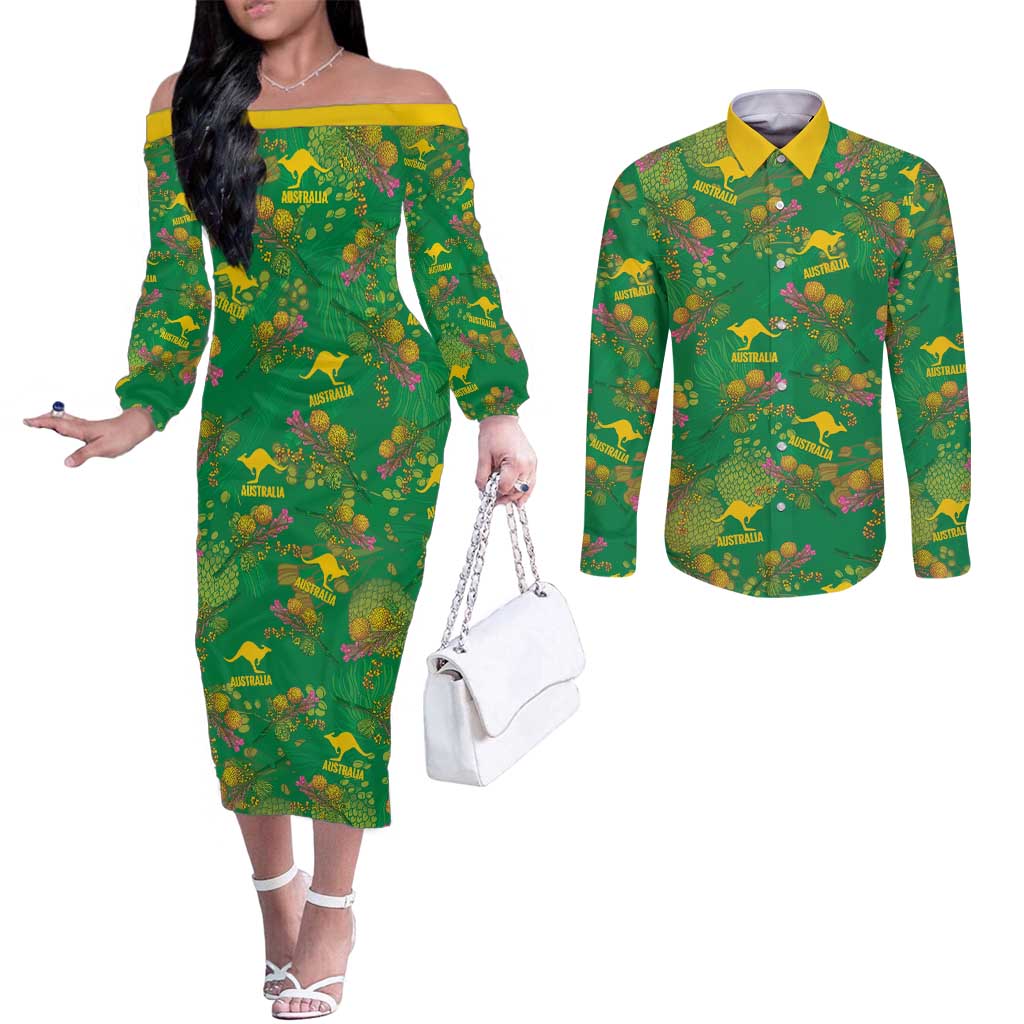 Australia Billy Buttons Couples Matching Off The Shoulder Long Sleeve Dress and Long Sleeve Button Shirt Aussie Pycnosorus Kangaroo Seamless Style