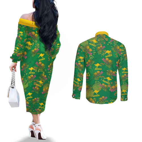 Australia Billy Buttons Couples Matching Off The Shoulder Long Sleeve Dress and Long Sleeve Button Shirt Aussie Pycnosorus Kangaroo Seamless Style