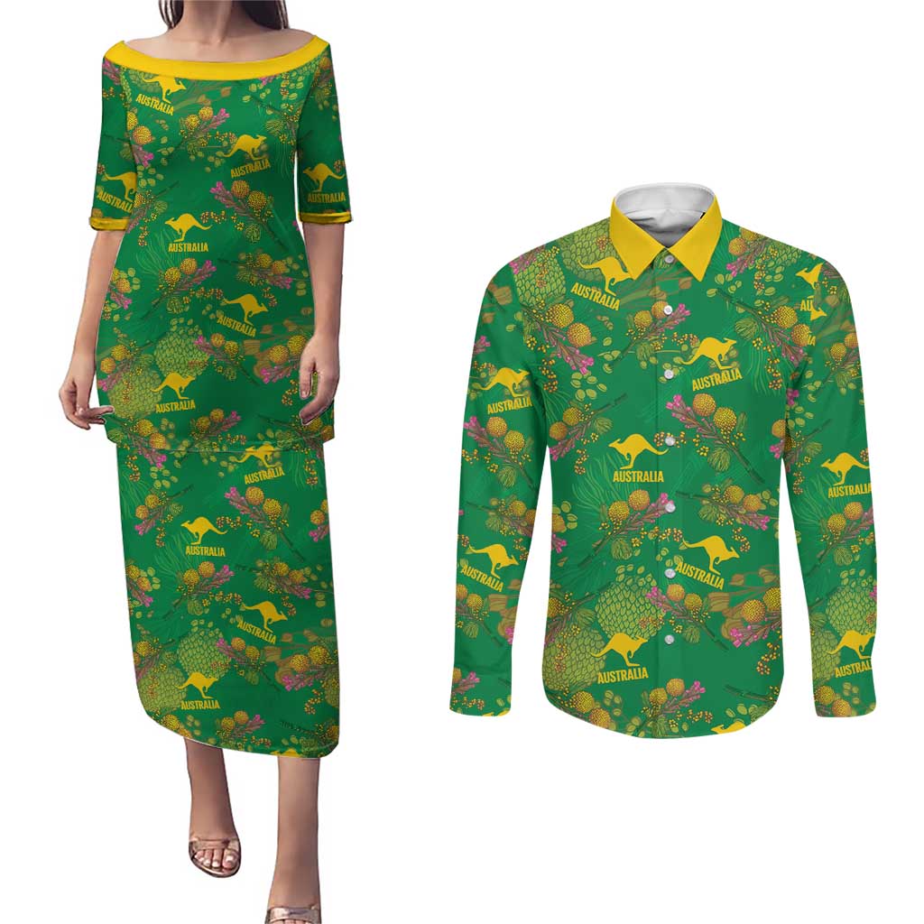 Australia Billy Buttons Couples Matching Puletasi and Long Sleeve Button Shirt Aussie Pycnosorus Kangaroo Seamless Style