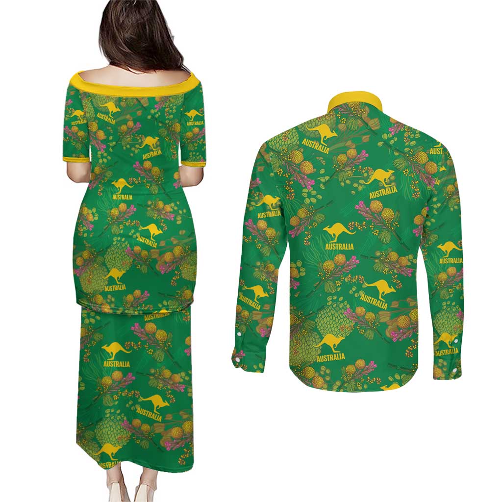 Australia Billy Buttons Couples Matching Puletasi and Long Sleeve Button Shirt Aussie Pycnosorus Kangaroo Seamless Style
