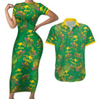 Australia Billy Buttons Couples Matching Short Sleeve Bodycon Dress and Hawaiian Shirt Aussie Pycnosorus Kangaroo Seamless Style